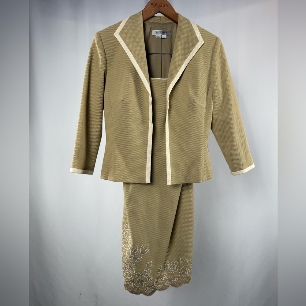 Kay Unger Blazer and Strapless Dress Set Light Brown with White Trim Size 8